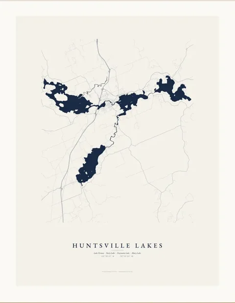 Huntsville Lakes map print in navy ink