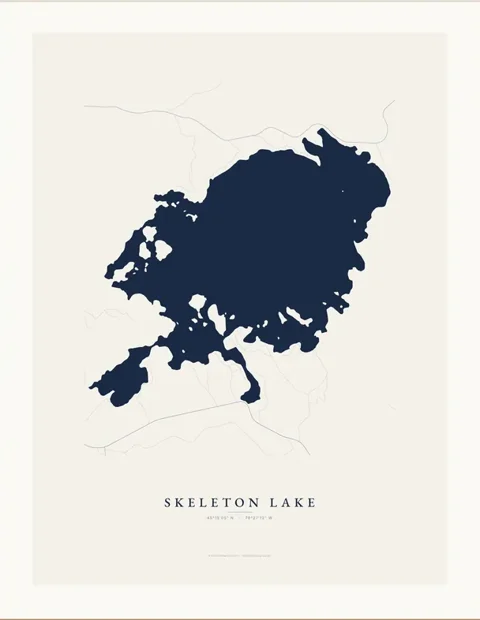 Skeleton Lake map print in navy ink